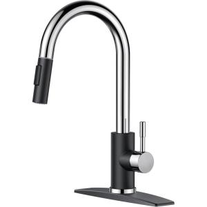 imageFORIOUS Kitchen Faucet with Pull Down Sprayer Brushed Nickel High Arc Modern Classic Sink Faucet Stainless Steel with Deck Plate Fit for 1 or 3 Hole for Pot Filler Bar Farmhouse Laundry RvBlack Chrome