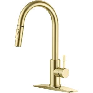imageFORIOUS Kitchen Faucet with Pull Down Sprayer Brushed Nickel High Arc Modern Classic Sink Faucet Stainless Steel with Deck Plate Fit for 1 or 3 Hole for Pot Filler Bar Farmhouse Laundry RvBrushed Gold
