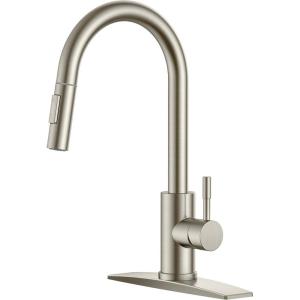 imageFORIOUS Kitchen Faucet with Pull Down Sprayer Brushed Nickel High Arc Modern Classic Sink Faucet Stainless Steel with Deck Plate Fit for 1 or 3 Hole for Pot Filler Bar Farmhouse Laundry RvStainless Steel