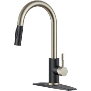 imageFORIOUS Kitchen Faucet with Pull Down Sprayer Brushed Nickel High Arc Modern Classic Sink Faucet Stainless Steel with Deck Plate Fit for 1 or 3 Hole for Pot Filler Bar Farmhouse Laundry RvBlack Brushed