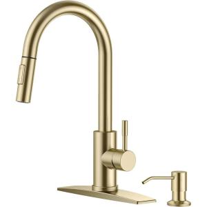 imageFORIOUS Kitchen Faucet with Soap Dispenser Brushed Gold Single Handle Stainless Steel Transitional Sink Faucet with Pull Down Sprayer 1 or 3 Hole Suitable for Farmhouse Laundry Camper RV Bar
