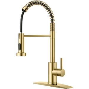 imageFORIOUS Kitchen Faucets Brushed Nickel Kitchen Sink Faucet with Pull Down Sprayer Commercial Kitchen Faucet Stainless Steel Classic Single Handle Pull Out Sink Faucets for RV Laundry Utility RoomGold
