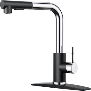 imageFORIOUS Kitchen Faucets with Pull Down Sprayer Stainless Steel Single Handle Classic Pull Out Sink Faucet for Farmhouse Laundry RV Bar with Deck Plate for 1 or 3 Holes Black BrushedBlackChrome