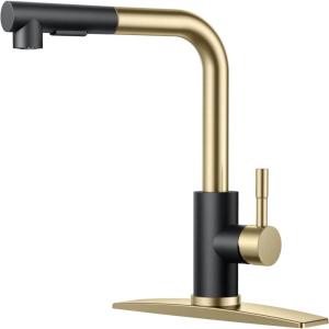 imageFORIOUS Kitchen Faucets with Pull Down Sprayer Stainless Steel Single Handle Classic Pull Out Sink Faucet for Farmhouse Laundry RV Bar with Deck Plate for 1 or 3 Holes Black BrushedBlackGold