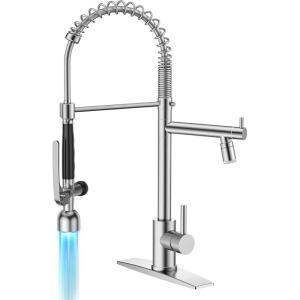 imageFORIOUS LED Kitchen Faucets Commercial Brushed Nickel High Pressure Classic Pull Down Sink Faucet with Led Light Sprayer DoubleHeaded Stainless Steel for Restaurant Bar Laundry