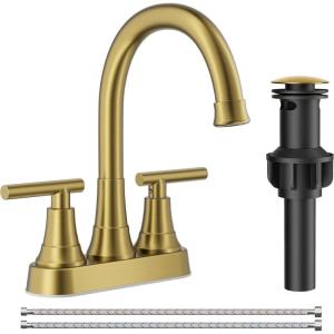 imageFORIOUS Matte Black Bathroom Sink Faucet 4 Inch Centerset Bathroom Faucet 2 or 3 Hole with Pop up Drain and cUPC Hose Two Handles Control 360 spout for RestroomVanity RvBrushed Gold