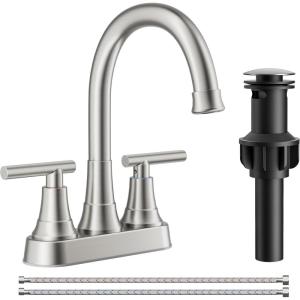 imageFORIOUS Matte Black Bathroom Sink Faucet 4 Inch Centerset Bathroom Faucet 2 or 3 Hole with Pop up Drain and cUPC Hose Two Handles Control 360 spout for RestroomVanity RvStainless Steel