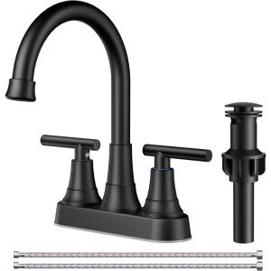 imageFORIOUS Matte Black Bathroom Sink Faucet 4 Inch Centerset Bathroom Faucet 2 or 3 Hole with Pop up Drain and cUPC Hose Two Handles Control 360 spout for RestroomVanity RvMatte Black