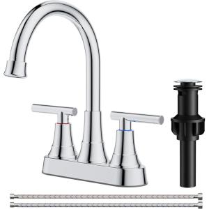 imageFORIOUS Matte Black Bathroom Sink Faucet 4 Inch Centerset Bathroom Faucet 2 or 3 Hole with Pop up Drain and cUPC Hose Two Handles Control 360 spout for RestroomVanity RvChrome