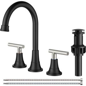 imageFORIOUS Matte Black Bathroom Sink Faucet 4 Inch Centerset Bathroom Faucet 2 or 3 Hole with Pop up Drain and cUPC Hose Two Handles Control 360 spout for RestroomVanity RvBlackStainless Steel