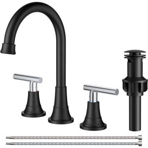 imageFORIOUS Matte Black Bathroom Sink Faucet 4 Inch Centerset Bathroom Faucet 2 or 3 Hole with Pop up Drain and cUPC Hose Two Handles Control 360 spout for RestroomVanity RvBlackChrome