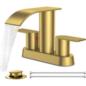 imageFORIOUS Matte Black Bathroom Sink Faucet Waterfall 4 Inch Centerset Bathroom Faucets with Metal Pop up Drain and cUPC Hose for BasinVanity Rv Lavatory 2 or 3 Hole SinkBrushed Gold