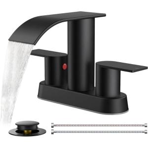 imageFORIOUS Matte Black Bathroom Sink Faucet Waterfall 4 Inch Centerset Bathroom Faucets with Metal Pop up Drain and cUPC Hose for BasinVanity Rv Lavatory 2 or 3 Hole SinkMatte Black