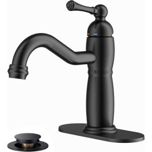 imageFORIOUS Matte Black Bathroom Vanity Faucet  Single Handle 1 Hole Basin Sink Faucet with PopUp Drain and 24quot Water Hose LeadFree Solid Brass ConstructionMatte Black
