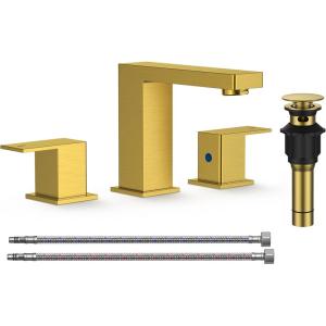 imageFORIOUS Matte Black Bathroom Vanity Faucet 3 Hole 8 Inch Widespread Square Bathroom Sink Faucet with Metal PopUp Drain and cUPC Supply Lines Included for Restroom Lavatory Basin SinkBrushed Gold