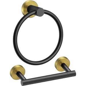imageFORIOUS Matte Black Toilet Paper Holder Wall Mount SUS304 Stainless Steel Double Post Pivoting Tissue Roll Holder and Hand Towel Ring Set for Bathroom RV Bathroom Hardware Accessories SetBlack Gold