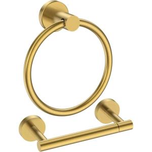 imageFORIOUS Matte Black Toilet Paper Holder Wall Mount SUS304 Stainless Steel Double Post Pivoting Tissue Roll Holder and Hand Towel Ring Set for Bathroom RV Bathroom Hardware Accessories SetBrushed Gold