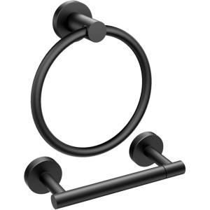 imageFORIOUS Matte Black Toilet Paper Holder Wall Mount SUS304 Stainless Steel Double Post Pivoting Tissue Roll Holder and Hand Towel Ring Set for Bathroom RV Bathroom Hardware Accessories SetMatte Black