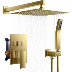 imageFORIOUS Rain Shower Head System 10 Inch Shower Faucet Set with with handheld combo Solid Brass Pressure Balanced Valve and Trim Kit Fixtures Wall Mounted Brushed Nickel Matte Black 12 inchBrushed Gold