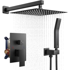 imageFORIOUS Rain Shower Head System 10 Inch Shower Faucet Set with with handheld combo Solid Brass Pressure Balanced Valve and Trim Kit Fixtures Wall Mounted Brushed Nickel Matte Black 12 inchMatte Black