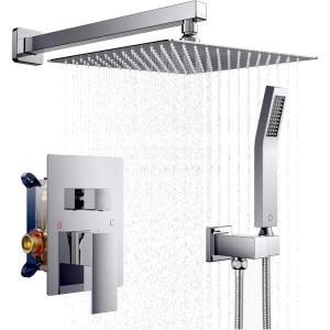 imageFORIOUS Rain Shower Head System 10 Inch Shower Faucet Set with with handheld combo Solid Brass Pressure Balanced Valve and Trim Kit Fixtures Wall Mounted Brushed Nickel Matte Black 12 inchChrome
