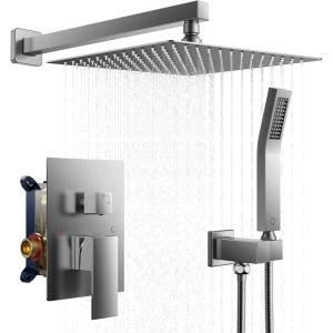 imageFORIOUS Rain Shower Head System 10 Inch Shower Faucet Set with with handheld combo Solid Brass Pressure Balanced Valve and Trim Kit Fixtures Wall Mounted Brushed Nickel Matte Black 12 inchStainlessSteel