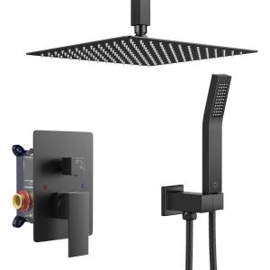 imageFORIOUS Shower Head System 10 Inch Rain Shower Faucet Set with Handheld Spray Combo Roughin Valve Solid Brass Pressure Balanced Valve Trim Kit Ceiling Mount Brushed GoldMatte Black