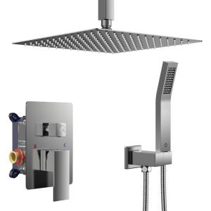 imageFORIOUS Shower Head System 10 Inch Rain Shower Faucet Set with Handheld Spray Combo Roughin Valve Solid Brass Pressure Balanced Valve Trim Kit Ceiling Mount Brushed GoldStainless Steel