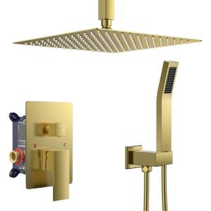 imageFORIOUS Shower Head System 10 Inch Rain Shower Faucet Set with Handheld Spray Combo Roughin Valve Solid Brass Pressure Balanced Valve Trim Kit Ceiling Mount Brushed GoldBrushed Gold