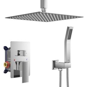 imageFORIOUS Shower Head System 10 Inch Rain Shower Faucet Set with Handheld Spray Combo Roughin Valve Solid Brass Pressure Balanced Valve Trim Kit Ceiling Mount Brushed GoldChrome