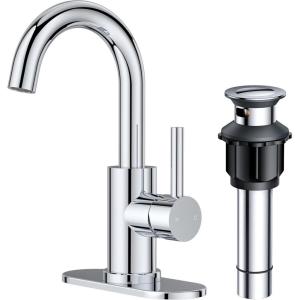 imageFORIOUS Single Handle Bathroom Sink Faucet 1 or 3 Hole Brushed Nickle 360 Swivel Gooseneck Spout LeadFree with cUPC Hose and Metal Pop Up Drain Suitable for Bar Kitchen RV VanityChrome
