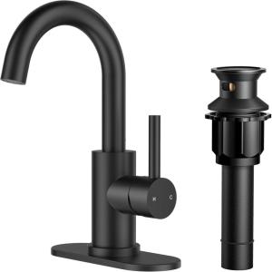 imageFORIOUS Single Handle Bathroom Sink Faucet 1 or 3 Hole Brushed Nickle 360 Swivel Gooseneck Spout LeadFree with cUPC Hose and Metal Pop Up Drain Suitable for Bar Kitchen RV VanityMatte Black