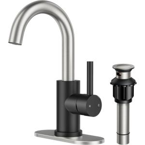 imageFORIOUS Single Handle Bathroom Sink Faucet 1 or 3 Hole Brushed Nickle 360 Swivel Gooseneck Spout LeadFree with cUPC Hose and Metal Pop Up Drain Suitable for Bar Kitchen RV VanityBlackNickel