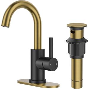 imageFORIOUS Single Handle Bathroom Sink Faucet 1 or 3 Hole Brushed Nickle 360 Swivel Gooseneck Spout LeadFree with cUPC Hose and Metal Pop Up Drain Suitable for Bar Kitchen RV VanityBlackGold