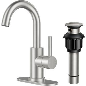 imageFORIOUS Single Handle Bathroom Sink Faucet 1 or 3 Hole Brushed Nickle 360 Swivel Gooseneck Spout LeadFree with cUPC Hose and Metal Pop Up Drain Suitable for Bar Kitchen RV VanityStainless Steel