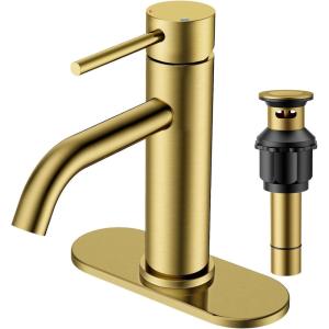 imageFORIOUS Single Hole Bathroom Faucets 1 Handle Chrome Bathroom Sink Faucet with Metal Pop up Drain and Supply Hose Suitable for Vanity Lavatory Restroom RemodelBrushed Gold