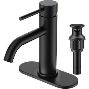 imageFORIOUS Single Hole Bathroom Faucets 1 Handle Chrome Bathroom Sink Faucet with Metal Pop up Drain and Supply Hose Suitable for Vanity Lavatory Restroom RemodelMatte Black