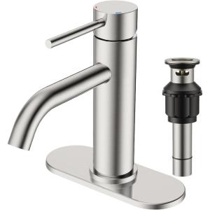 imageFORIOUS Single Hole Bathroom Faucets 1 Handle Chrome Bathroom Sink Faucet with Metal Pop up Drain and Supply Hose Suitable for Vanity Lavatory Restroom RemodelStainless Steel