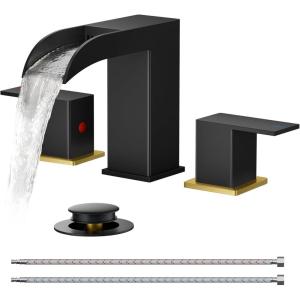 imageFORIOUS Square Brushed Gold Bathroom Faucets 3 Hole Waterfall 8 Inch Widespread Bathroom Sink Faucet with Metal Popup Drain and Supply Lines Two Handles for Vanity Lavatory RestroomBlack and Gold
