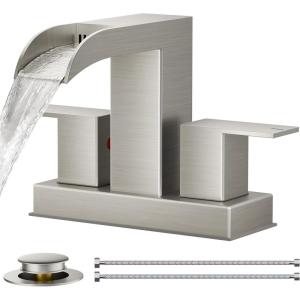 imageFORIOUS Square Brushed Gold Bathroom Faucets 3 Hole Waterfall 8 Inch Widespread Bathroom Sink Faucet with Metal Popup Drain and Supply Lines Two Handles for Vanity Lavatory RestroomStainless Steel