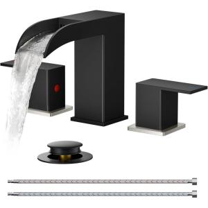 imageFORIOUS Square Brushed Gold Bathroom Faucets 3 Hole Waterfall 8 Inch Widespread Bathroom Sink Faucet with Metal Popup Drain and Supply Lines Two Handles for Vanity Lavatory RestroomBlack and Brushed Nickel