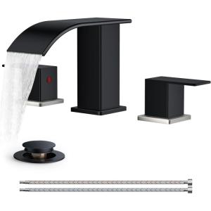 imageFORIOUS Square Matte Black Bathroom Faucets 3 Hole Waterfall 8 Inch Widespread Bathroom Sink Faucet with Metal Popup Drain and Supply Lines Two Handles for Vanity RV FarmhouseBlack and Brushed Nickel
