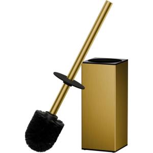 imageFORIOUS Toilet Brush and Holder Set Heavy Duty 304 Stainless Steel Base Square and Long Handle for Bathroom Deep Cleaning DripProof Space Saving for Storage 2 Toilet Bowl Brush Head BlackDark Gold