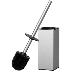 imageFORIOUS Toilet Brush and Holder Set Heavy Duty 304 Stainless Steel Base Square and Long Handle for Bathroom Deep Cleaning DripProof Space Saving for Storage 2 Toilet Bowl Brush Head BlackStainless Steel