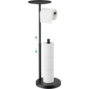 imageFORIOUS Toilet Paper Holder Stand with Shelf Adjustable Height Freestanding Toilet Paper Stand with Storage SUS 304 Stainless Steel and Weighted Base Tissue Roll Holder for Bathroom Matte Black