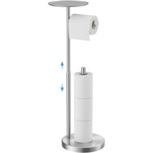 imageFORIOUS Toilet Paper Holder Stand with Shelf Adjustable Height Freestanding Toilet Paper Stand with Storage SUS 304 Stainless Steel and Weighted Base Tissue Roll Holder for Bathroom Brushed Nickel