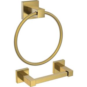 imageFORIOUS Toilet Paper Holder Wall Mount and Hand Towel Ring Set SUS 304 Stainless Steel Double Post Pivoting Tissue Roll Holder Modern Bathroom Hardware Accessories Set Matte BlackBrushed Gold