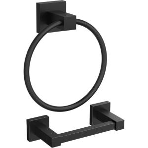 imageFORIOUS Toilet Paper Holder Wall Mount and Hand Towel Ring Set SUS 304 Stainless Steel Double Post Pivoting Tissue Roll Holder Modern Bathroom Hardware Accessories Set Matte BlackMatte Black