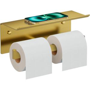imageFORIOUS Toilet Paper Holder with Shelf 304 Stainless Steel Wall Mount Commercial Toilet Paper Dispenser Double Tissue Roll Holder for Bathroom Brushed NickelBrushed Gold