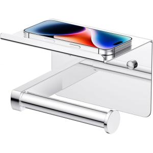 imageFORIOUS Toilet Paper Holder with Shelf Adhesive or Screw Wall Mount Toilet Roll Holder for Bathroom Rustproof 304 Stainless Steel Commercial Toilet Tissue Holder with Phone Shelf Brushed NickelChrome
